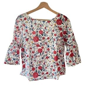 J. Crew White Floral Bright Peasant Tie-back Scoop Neck Bell Sleeves‎ Top